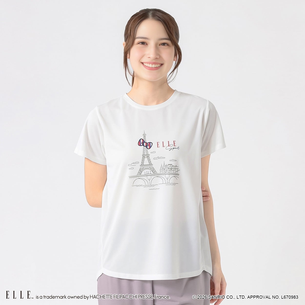 ELLE SPORT(エルスポーツ) ハローキティ×ELLE SPORT エッフェル塔半袖T 吸汗速乾 UV 接触冷感 レディス(シロ-L)