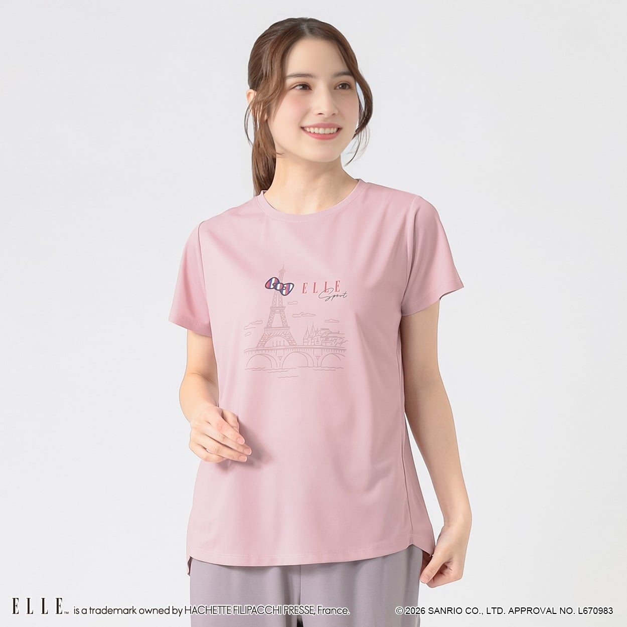 ELLE SPORT(エルスポーツ) ハローキティ×ELLE SPORT エッフェル塔半袖T 吸汗速乾 UV 接触冷感 レディス(ウスアカ-S)