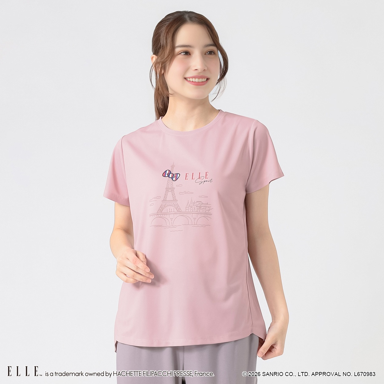 ELLE SPORT(エルスポーツ) ハローキティ×ELLE SPORT エッフェル塔半袖T 吸汗速乾 UV 接触冷感 レディス(ウスアカ-XL)