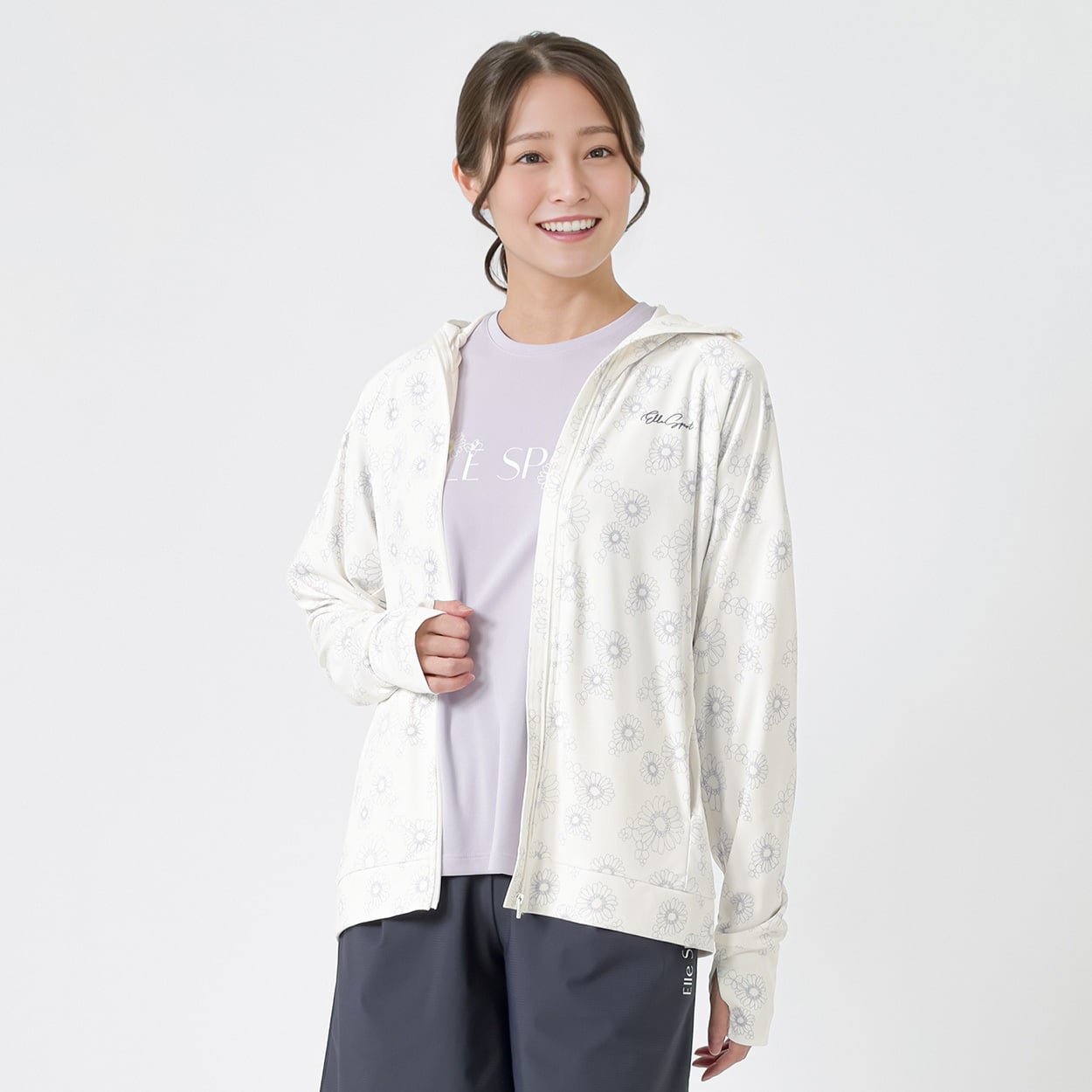 ELLE SPORT(エルスポーツ) 花柄つば付きUVパーカー 吸汗速乾 UV 接触冷感 レディス(ウスムラサキ-M)