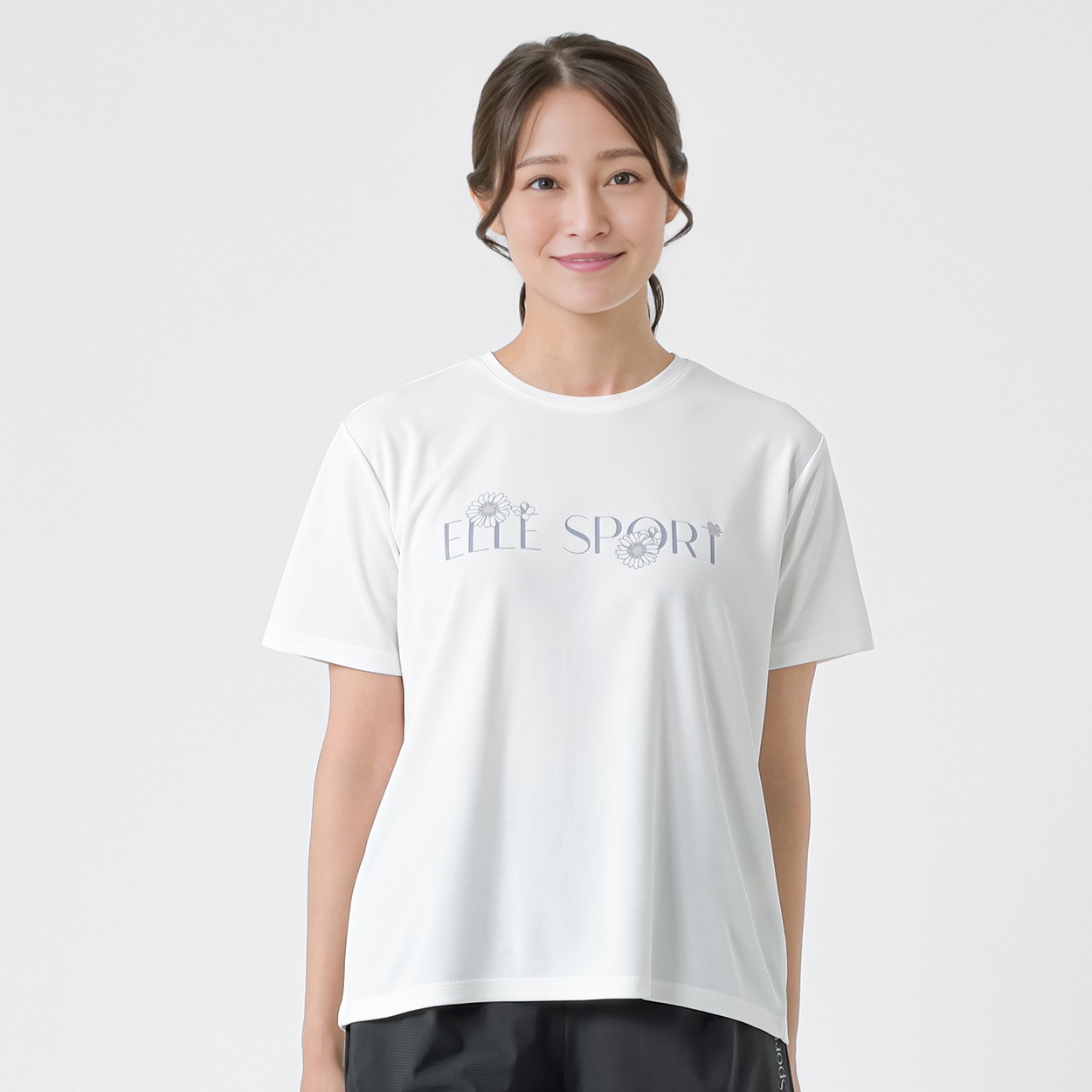 ELLE SPORT(エルスポーツ) フラワーロゴTシャツ 裏メッシュ素材 UV 吸汗速乾 接触冷感 レディス(シロ-XL)
