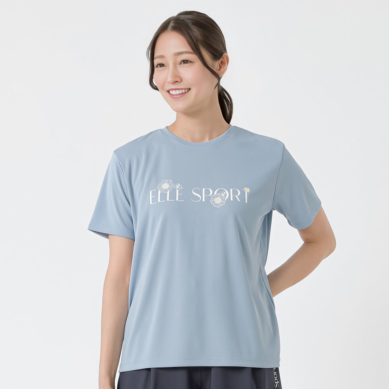 ELLE SPORT(エルスポーツ) フラワーロゴTシャツ 裏メッシュ素材 UV 吸汗速乾 接触冷感 レディス(ウスアオ-S)