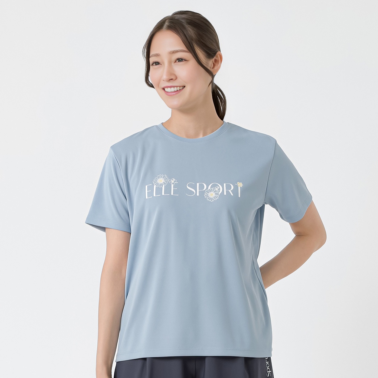 ELLE SPORT(エルスポーツ) フラワーロゴTシャツ 裏メッシュ素材 UV 吸汗速乾 接触冷感 レディス(ウスアオ-XL)