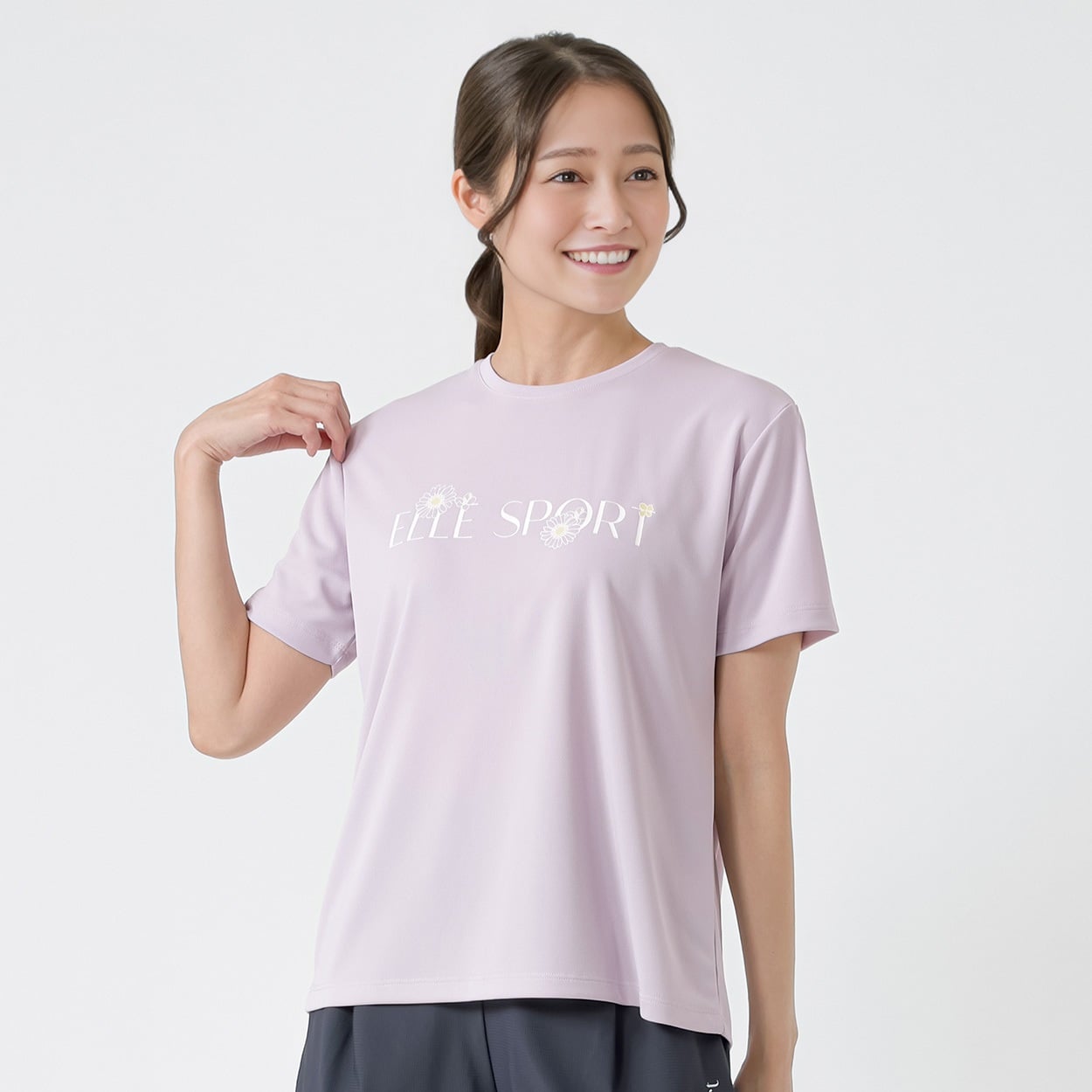 ELLE SPORT(エルスポーツ) フラワーロゴTシャツ 裏メッシュ素材 UV 吸汗速乾 接触冷感 レディス(ウスムラサキ-L)