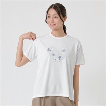 ELLE SPORT(エルスポーツ) フラワーハートプリントTシャツ 裏メッシュ素材 UV 吸汗速乾 接触冷感 レディス(シロ-S)