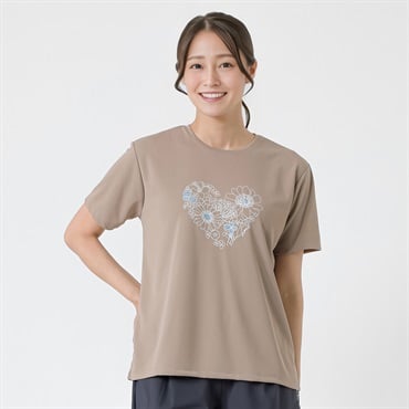 ELLE SPORT(エルスポーツ) フラワーハートプリントTシャツ 裏メッシュ素材 UV 吸汗速乾 接触冷感 レディス(チャ-S)