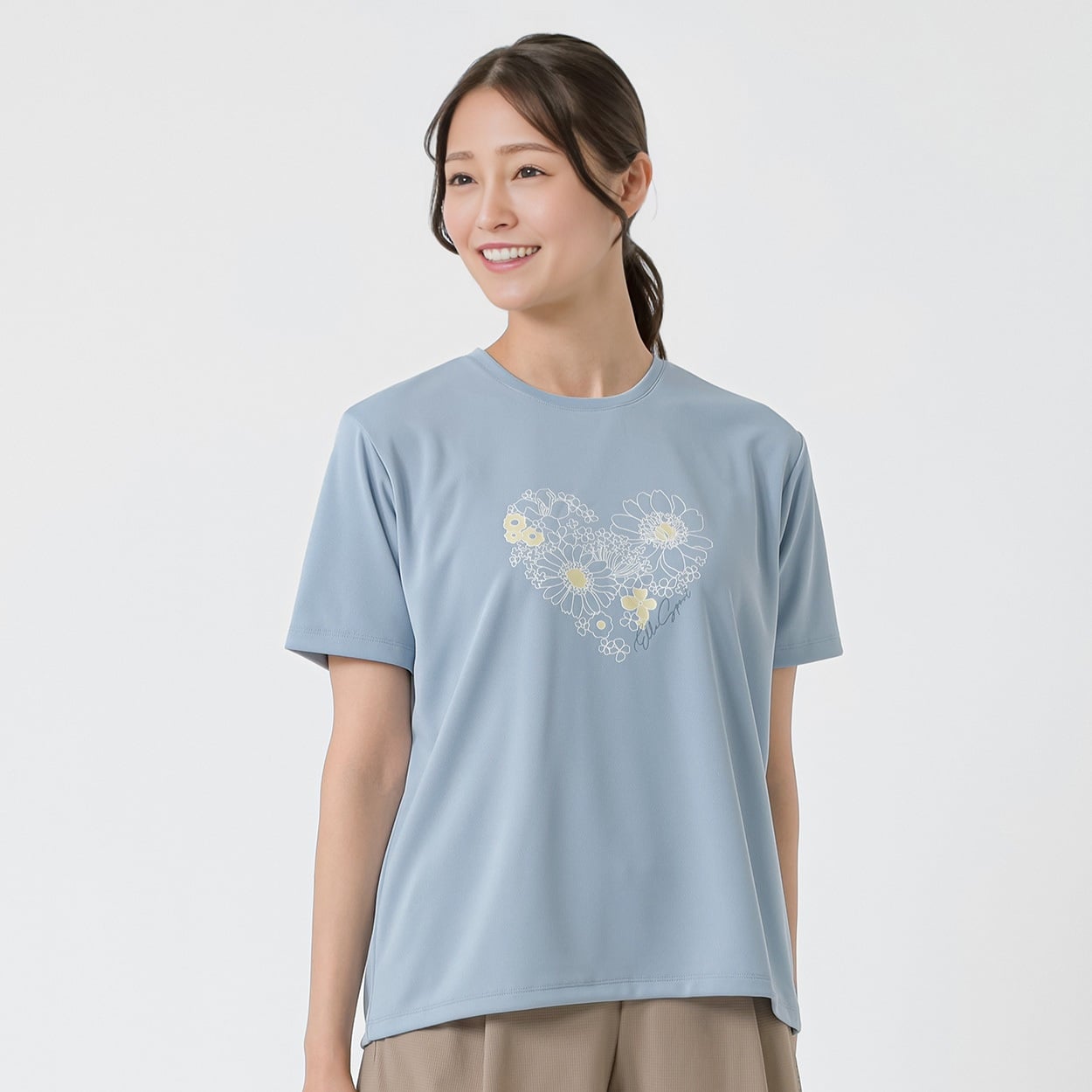 ELLE SPORT(エルスポーツ) フラワーハートプリントTシャツ 裏メッシュ素材 UV 吸汗速乾 接触冷感 レディス(ウスアオ-XL)