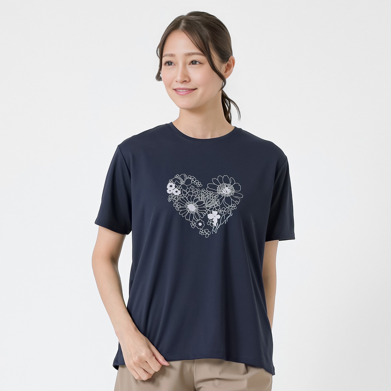 ELLE SPORT(エルスポーツ) フラワーハートプリントTシャツ 裏メッシュ素材 UV 吸汗速乾 接触冷感 レディス(コイアオ-S)