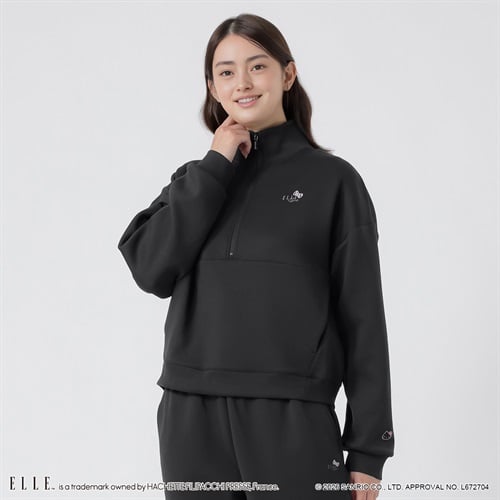 ELLE SPORT(エルスポーツ) ハローキティ×ELLE SPORT ハーフジッププルオーバー ダンボール素材 UV 吸汗速乾 レディス(クロ-S)