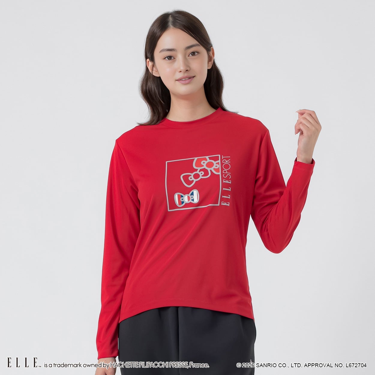 ELLE SPORT(エルスポーツ) ハローキティ×ELLE SPORT プリントロングＴシャツ UV 吸汗速乾 レディス(アカ-S)