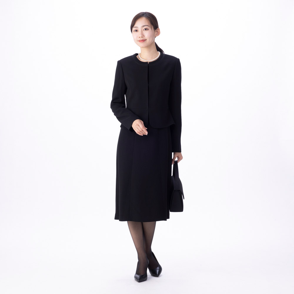 ブラックフォーマル アンサンブルスーツ 衿元サテン切替 喪服 レディス