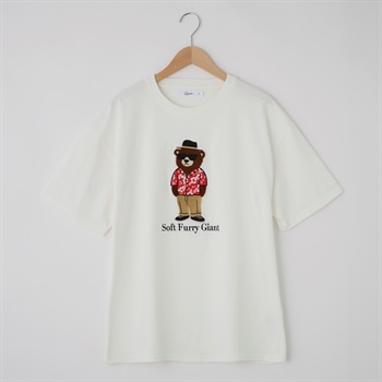 QUASH(クアッシュ) 天竺サガラ＋アップリケ大刺繍Tシャツ(クマ)(シロ-S)