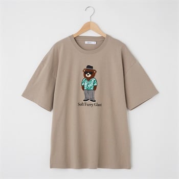 QUASH(クアッシュ) 天竺サガラ＋アップリケ大刺繍Tシャツ(クマ)(ウスチャ-S)