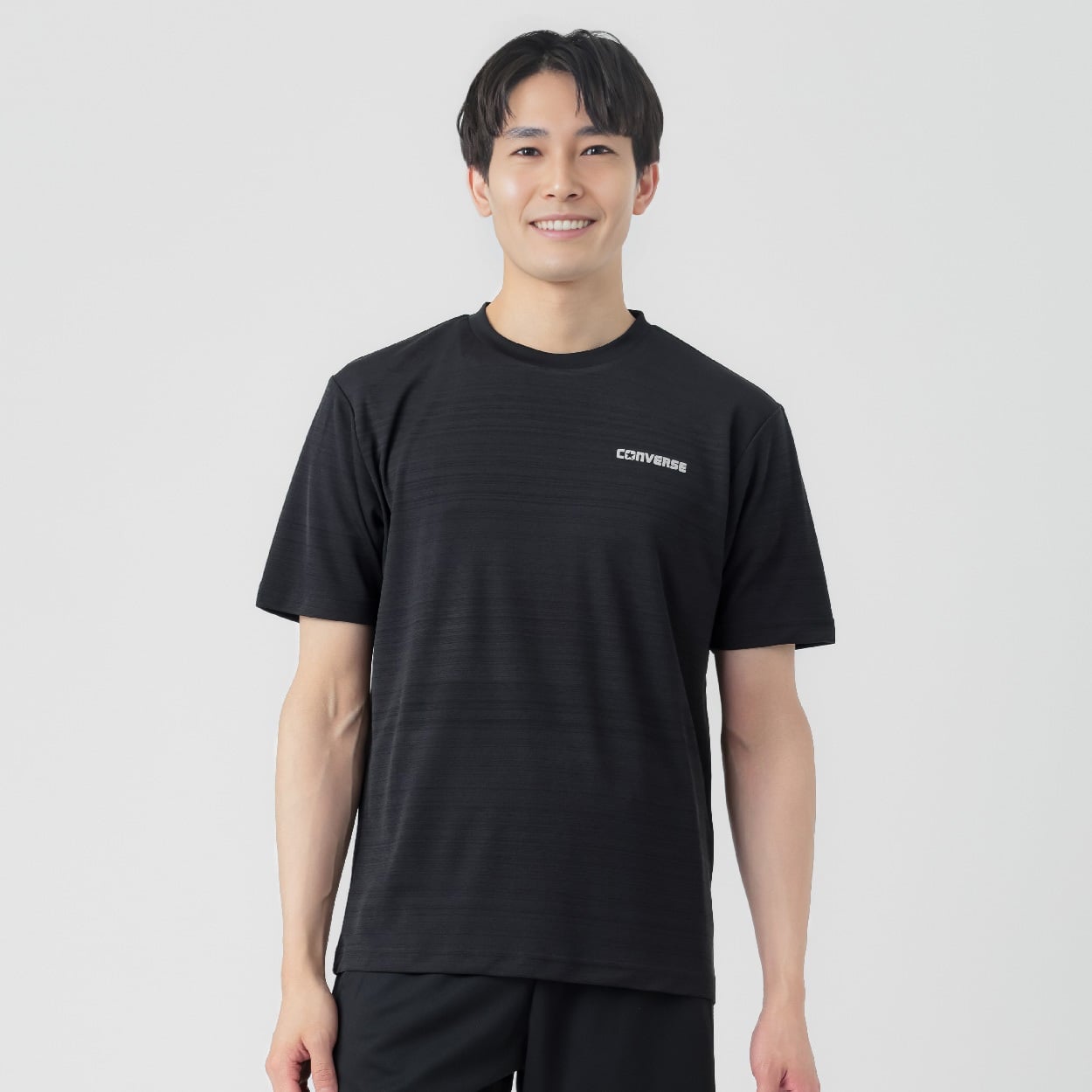 クルーネックTシャツ 吸汗速乾 吸汗速乾 立体プリント メンズ(クロ-L)