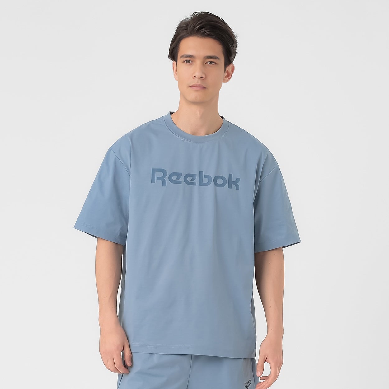 Reebok綿タッチ天竺プリントTシャツ メンズ(アオ-L)