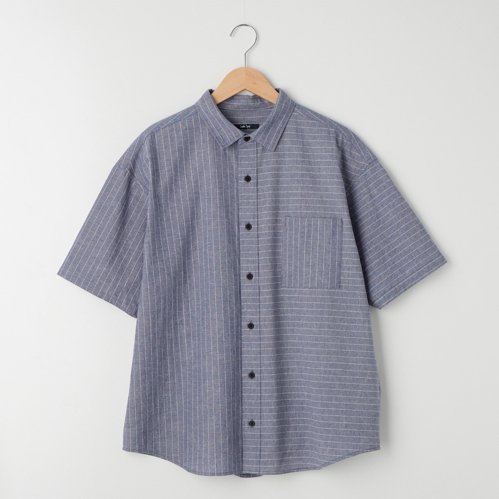 ポイント20倍対象】シャンブレーストライプ 切替え半袖シャツ