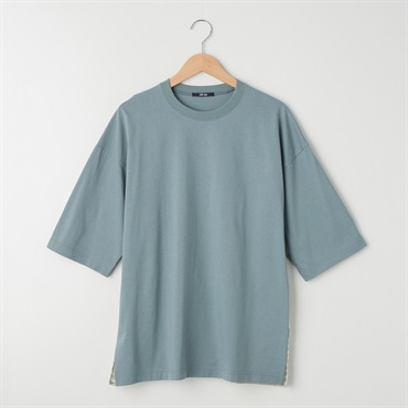 20天竺 ストライプ布帛切替えTシャツ メンズ Labo Spec(ラボスペック)(アオ-LL)