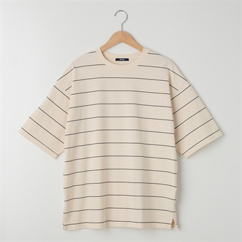 メンズ 天竺ボーダー 5分袖ルーズフィットTシャツ Labo Spec(ラボスペック) 777512084-2(シロ-M)