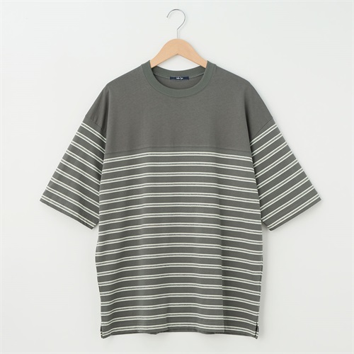 メンズ 天竺ボーダー 切替えルーズフィットＴシャツ Labo Spec(ラボスペック) 777512102-2(ウスクロ-M)