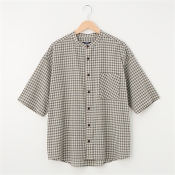 メンズ 初秋チェック バンドカラー半袖シャツ Labo Spec(ラボスペック) 777624024-2(キナリ-M)