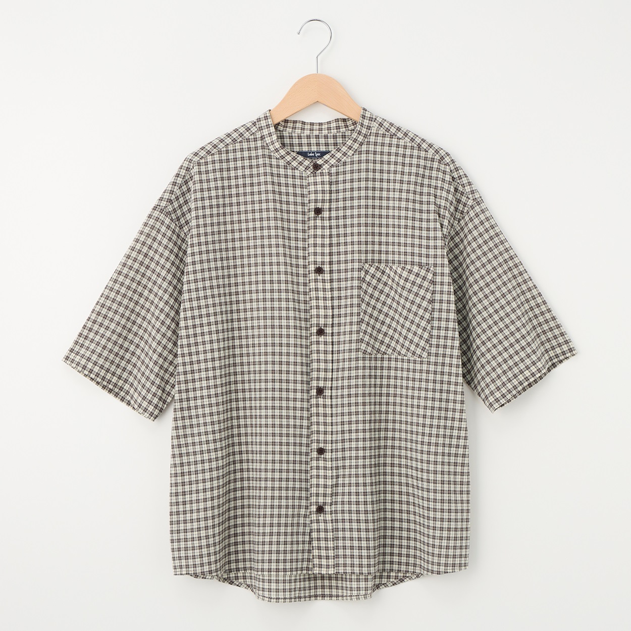 メンズ 初秋チェック バンドカラー半袖シャツ Labo Spec(ラボスペック) 777624024-2(キナリ-L)