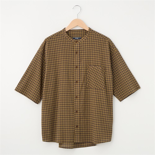 メンズ 初秋チェック バンドカラー半袖シャツ Labo Spec(ラボスペック) 777624024-2(ウスチャ-M)