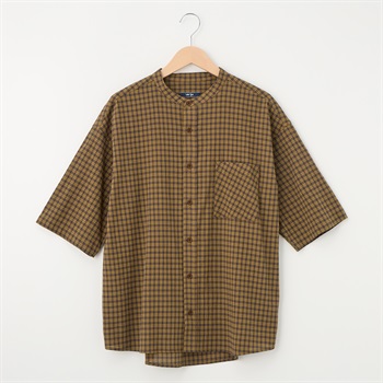 メンズ 初秋チェック バンドカラー半袖シャツ Labo Spec(ラボスペック) 777624024-2(ウスチャ-M)