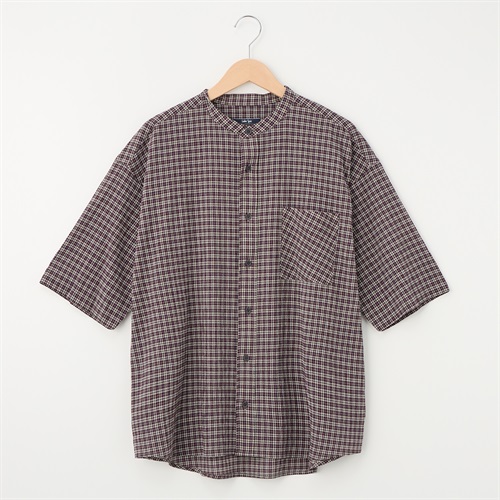 メンズ 初秋チェック バンドカラー半袖シャツ Labo Spec(ラボスペック) 777624024-2(ムラサキ-M)