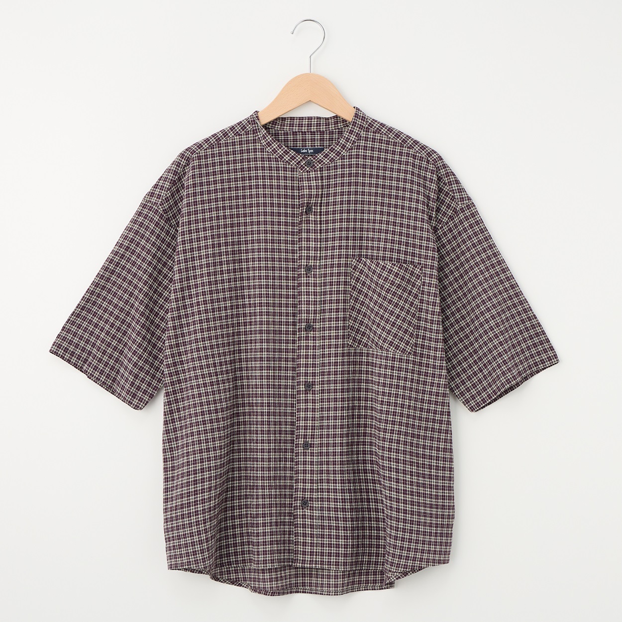 メンズ 初秋チェック バンドカラー半袖シャツ Labo Spec(ラボスペック) 777624024-2(ムラサキ-M)