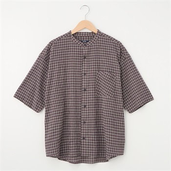 メンズ 初秋チェック バンドカラー半袖シャツ Labo Spec(ラボスペック) 777624024-2(ムラサキ-M)