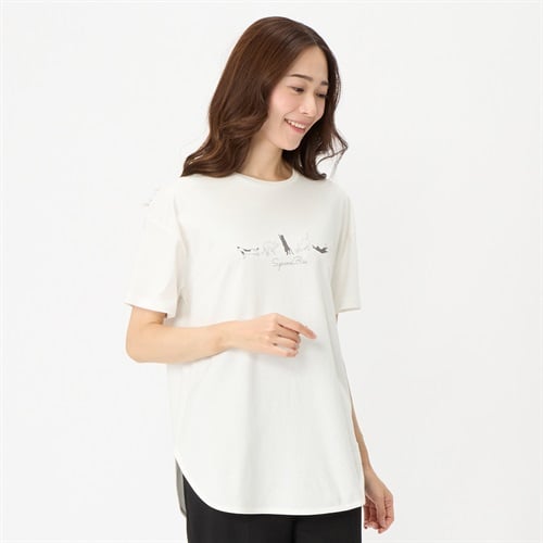 オーガニックコットン 68丈裾ラウンド胸プリントＴシャツ レディス JEUNEMAMAN(ジュネママン)(シロ-XL)