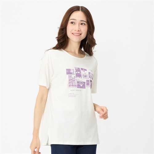 オーガニックコットン 65丈ワイドシルエット胸プリントTシャツ レディス JEUNEMAMAN(ジュネママン)(シロ-XL)