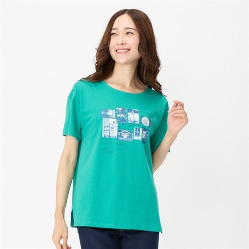 オーガニックコットン 65丈ワイドシルエット胸プリントTシャツ レディス JEUNEMAMAN(ジュネママン)(ミドリ-XL)