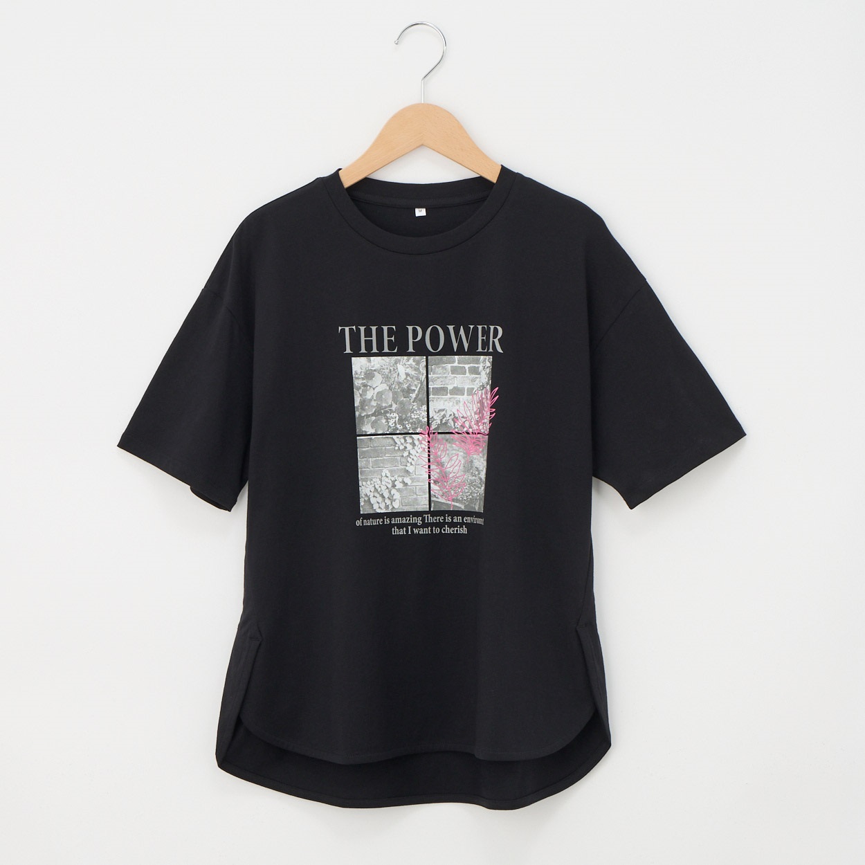 オーガニックコットン 68丈裾ラウンドフォトプリント半袖Tシャツ レディス JEUNE MAMAN(ジュネママン) AS-1980-2806B(クロ-XL)