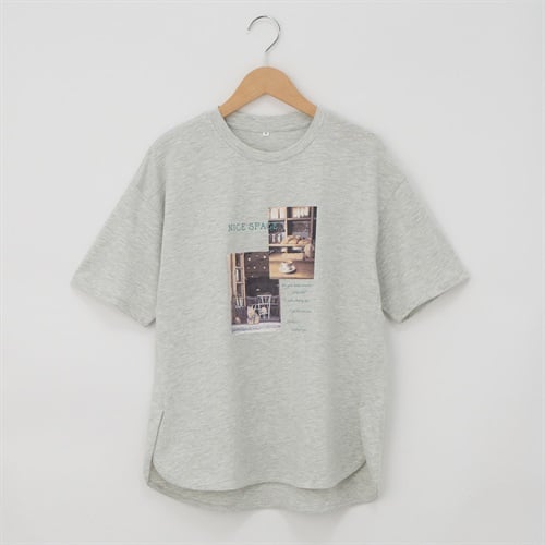 オーガニックコットン 68丈裾ラウンドフォトプリント半袖Tシャツ レディス JEUNE MAMAN(ジュネママン) AS-1980-2806B(グレー-M)