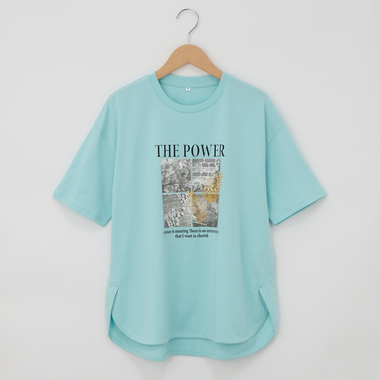 オーガニックコットン 68丈裾ラウンドフォトプリント半袖Tシャツ レディス JEUNE MAMAN(ジュネママン) AS-1980-2806B(ウスミドリ-L)