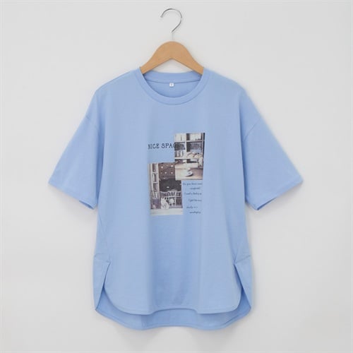 オーガニックコットン 68丈裾ラウンドフォトプリント半袖Tシャツ レディス JEUNE MAMAN(ジュネママン) AS-1980-2806B(アオ-M)