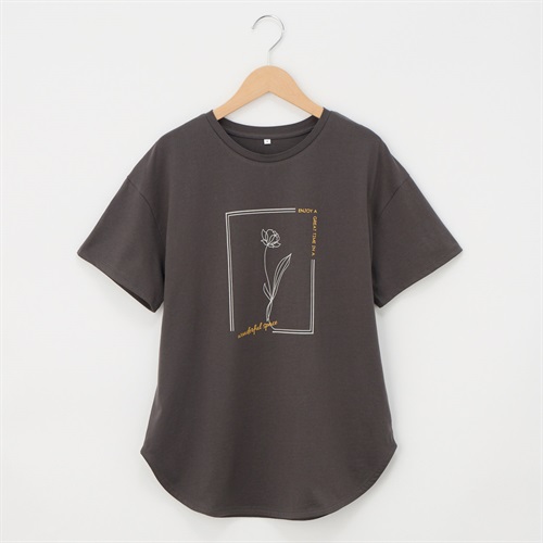 オーガニックコットン 69丈裾ラウンドフラワープリント半袖Tシャツ レディス JEUNE MAMAN(ジュネママン) AS-1980-2806C(チャコ－ルグレ－-M)