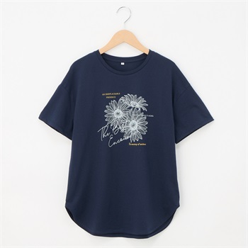 オーガニックコットン 69丈裾ラウンドフラワープリント半袖Tシャツ レディス JEUNE MAMAN(ジュネママン) AS-1980-2806C(コイアオ-M)