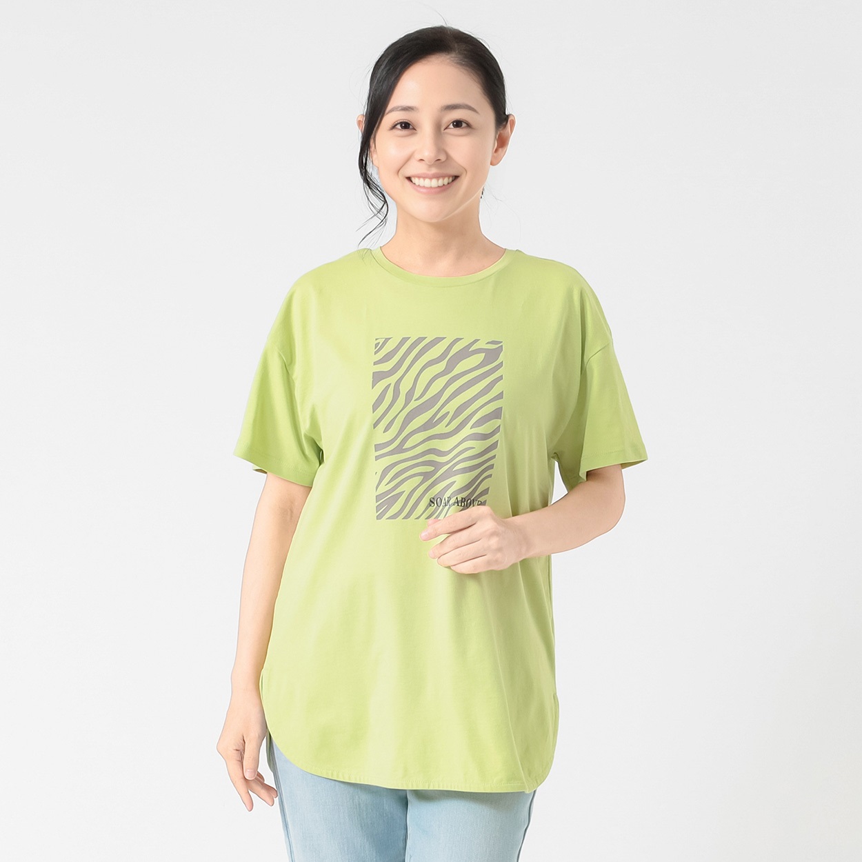 オーガニックコットン 裾ラウンドアニマル柄Ｔシャツ レディス JEUNE MAMAN(ジュネママン) AS-1980-2808A(ウスミドリ-M)