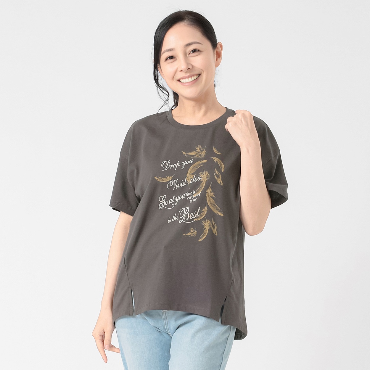 オーガニックコットン 裾前後差イラストＴシャツ レディス JEUNE MAMAN(ジュネママン) AS-1980-2808C(チャコ－ルグレ－-L)