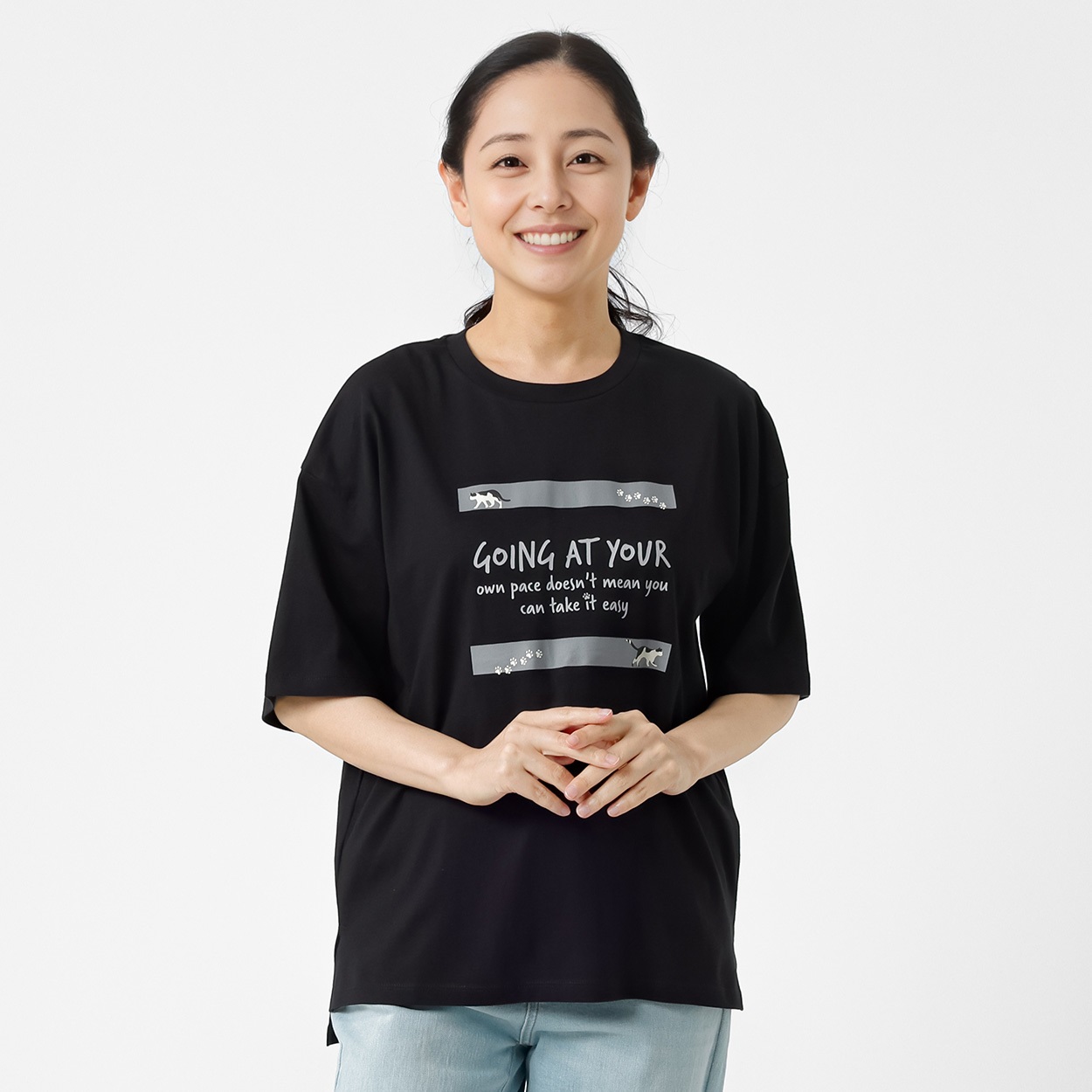 オーガニックコットン ロゴ入りドロップショルダーＴシャツ レディス JEUNE MAMAN(ジュネママン) AS-1980-2809B(クロ-M)
