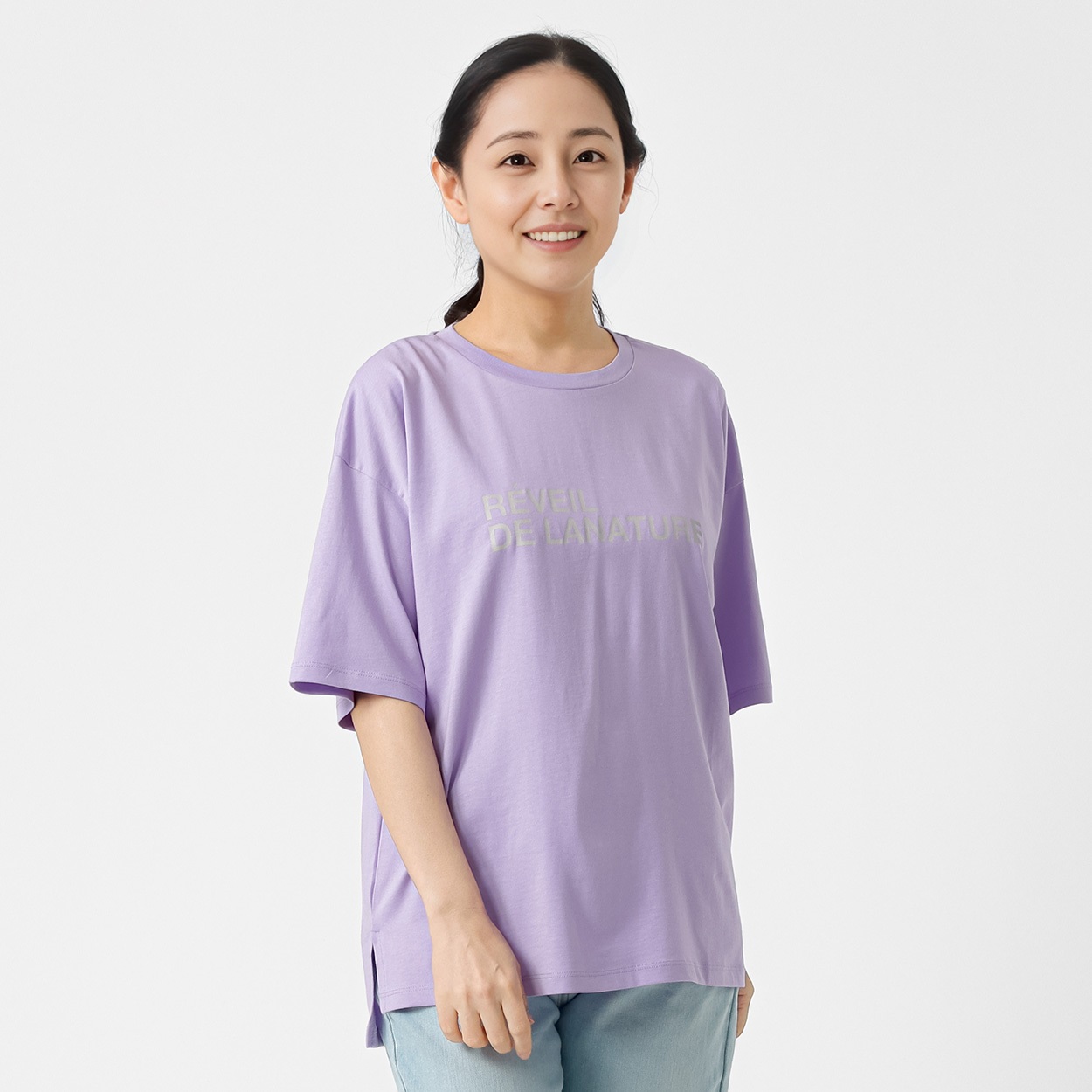 オーガニックコットン ロゴ入りドロップショルダーＴシャツ レディス JEUNE MAMAN(ジュネママン) AS-1980-2809B(ウスムラサキ-XL)