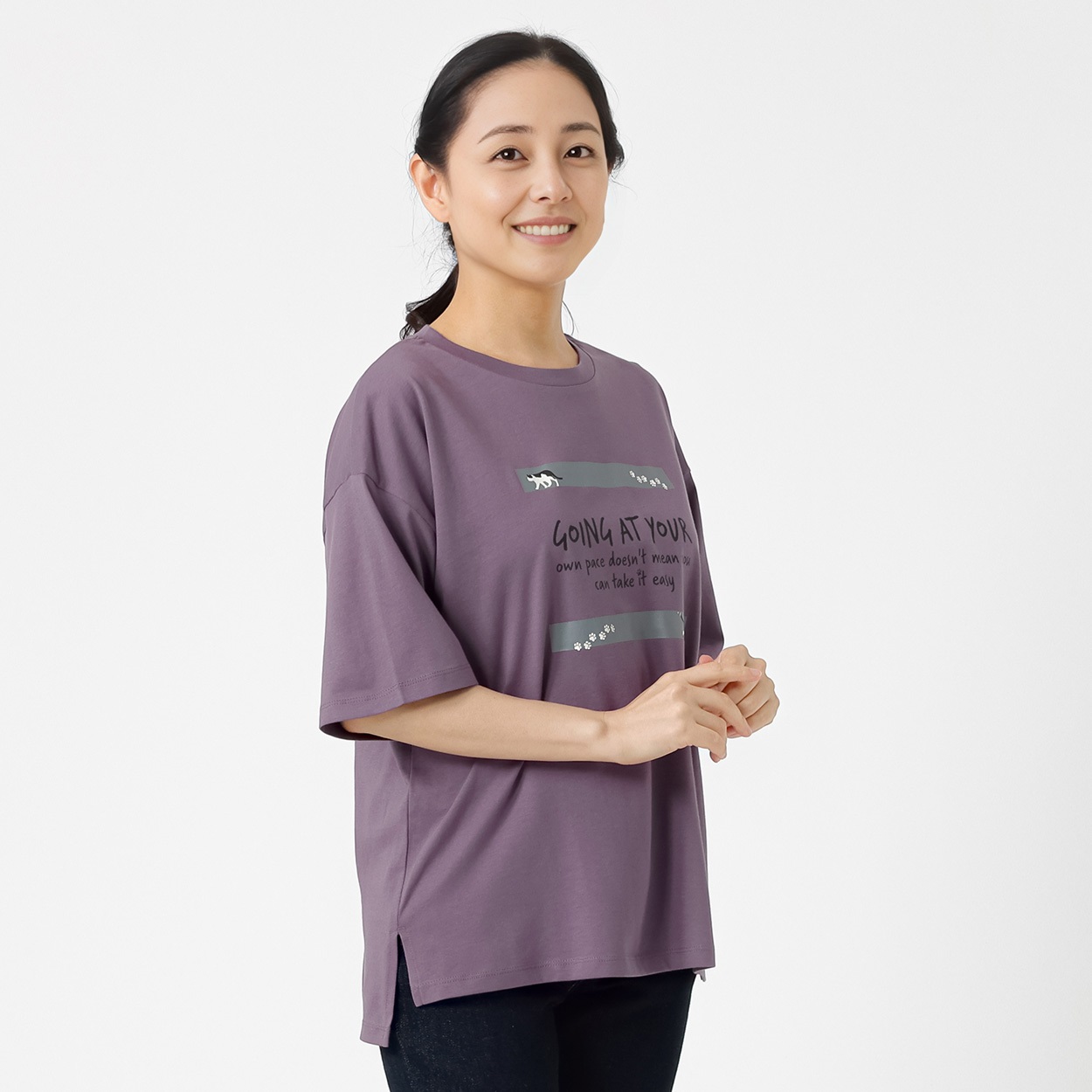 オーガニックコットン ロゴ入りドロップショルダーＴシャツ レディス JEUNE MAMAN(ジュネママン) AS-1980-2809B(ムラサキ-XL)