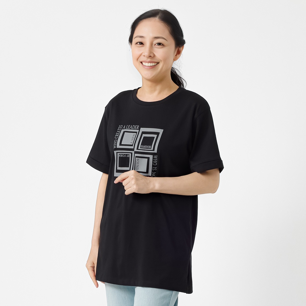 オーガニックコットン ロールアッププリントＴシャツ レディス JEUNE MAMAN(ジュネママン) AS-1980-2809D(クロ-M)