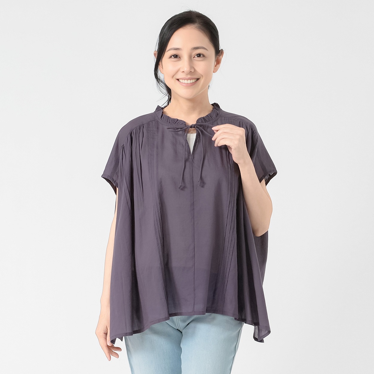 62丈エアリー綿リボンフリルブラウス レディス JEUNE MAMAN(ジュネママン) KA588-5686-26(ムラサキ-XL)