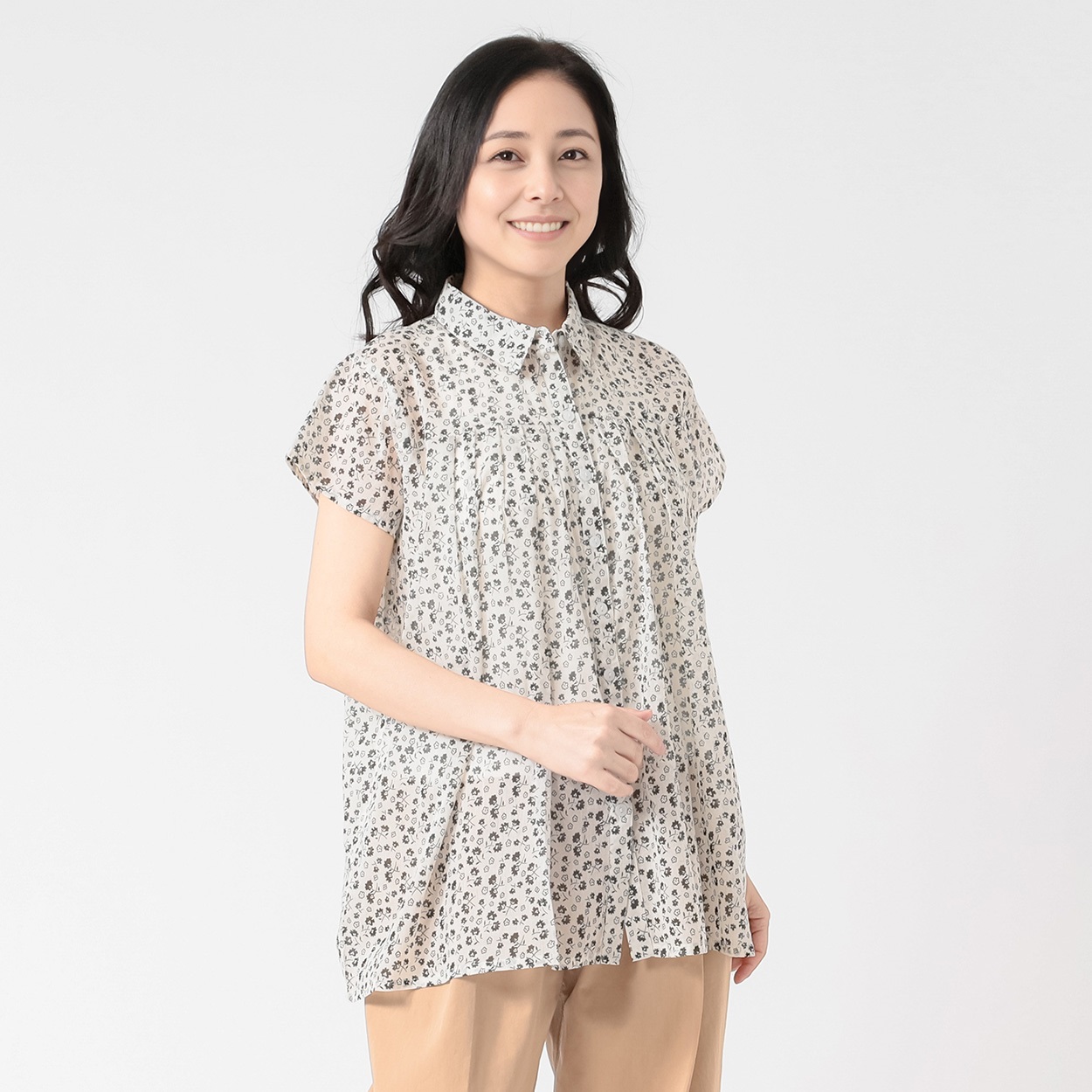 68丈エアリー綿シャツ衿プリントブラウス レディス JEUNE MAMAN(ジュネママン) KA588-5687-26(Ａシロ-XL)