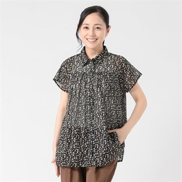 68丈エアリー綿シャツ衿プリントブラウス レディス JEUNE MAMAN