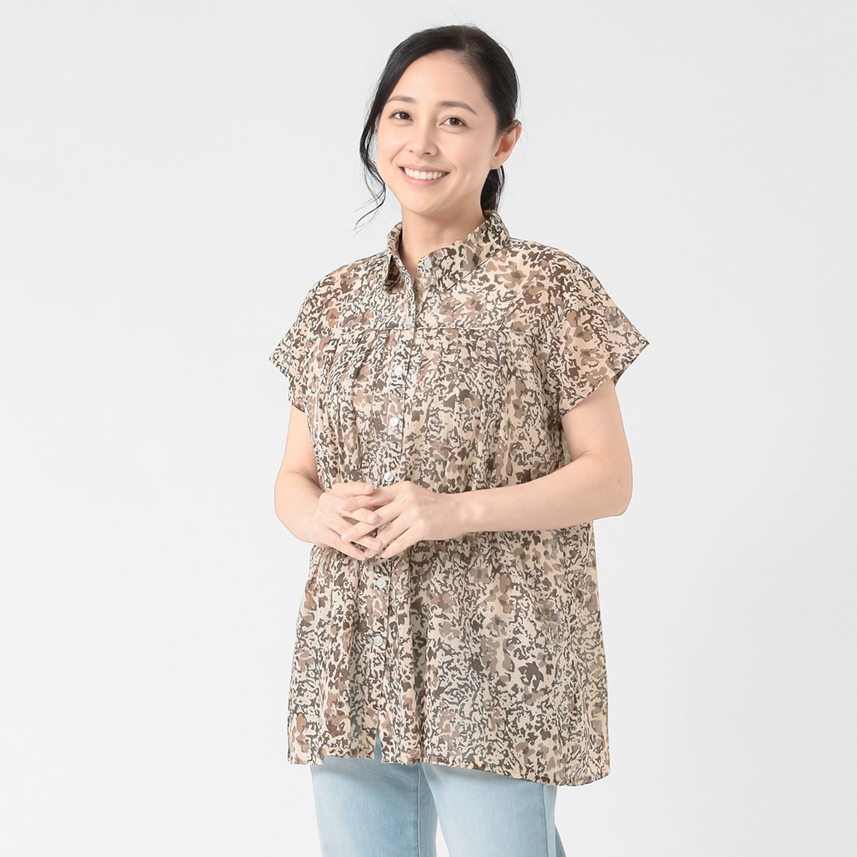 68丈エアリー綿シャツ衿プリントブラウス レディス JEUNE MAMAN(ジュネママン) KA588-5687-26(Ａチャ-L)