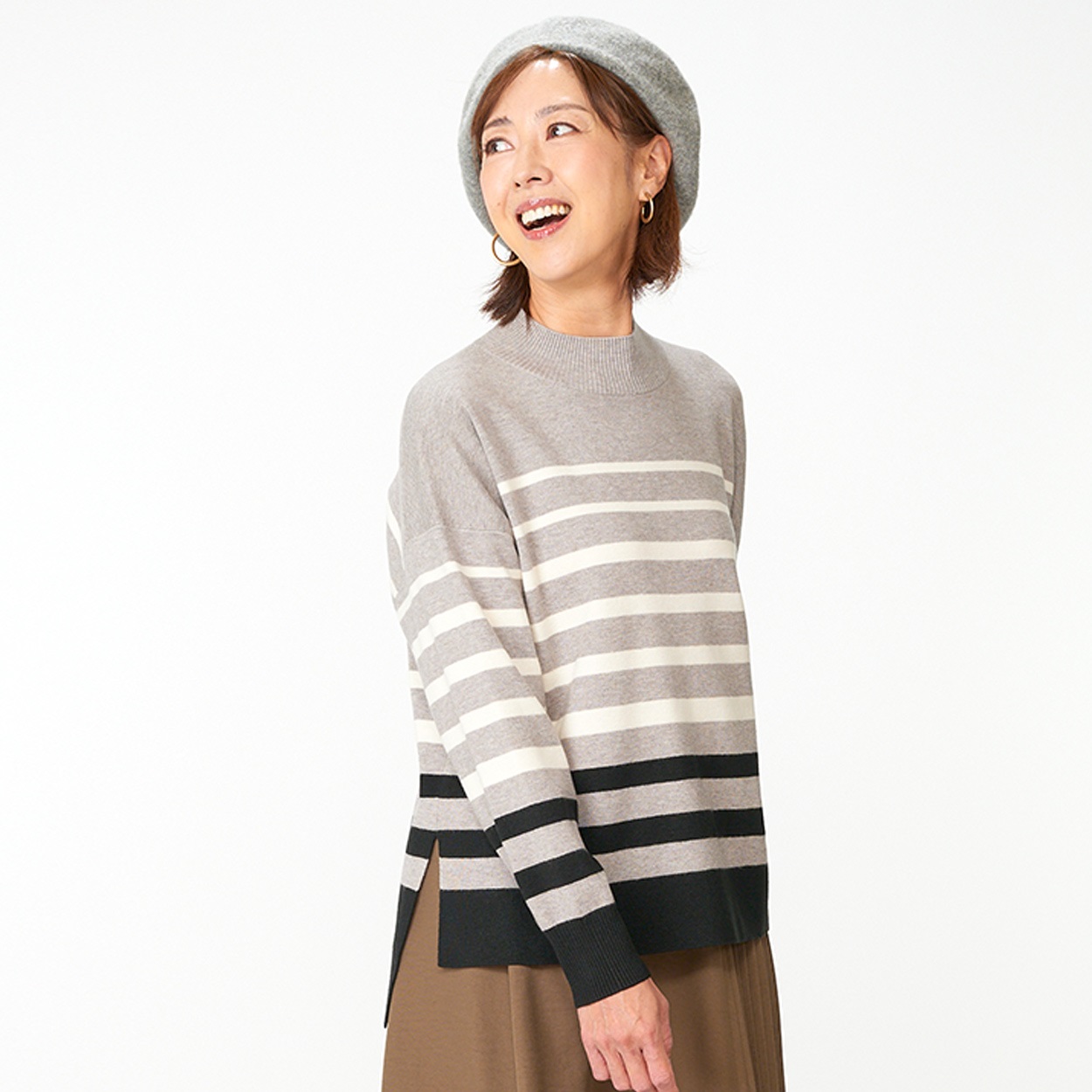大人の素敵ニット モックネックプルオーバー レディス JEUNE MAMAN(ジュネママン) TV7052A0796(ウスクロ×裾ネイビー-L)